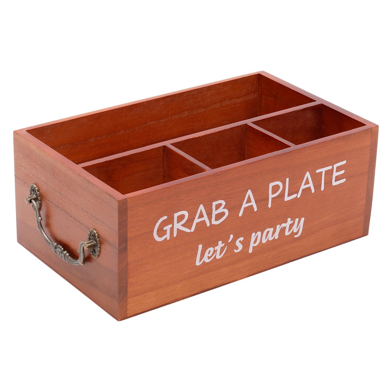 

Paper Plate Dispenser Wood Paper Plate Holder with 4 Compartment and Handle Multipurpose Plastic Utensil Holder for Bathroom