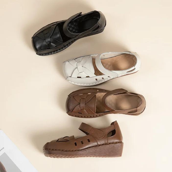 Johnature Retro Wedges Sandals Genuine Leather Breathable Shallow Soft Soled Women's Shoes