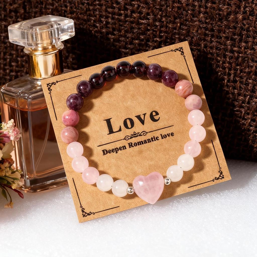 Festive Gifts Rose Quartz Beaded Bracelet With Heart Charm Sweet Fashion Jewelry For Women Daily Wear Simple Versatile Accessory