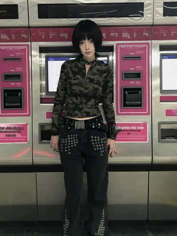 

Жіноча куртка-вітровка в стилі Y2K, камуфляжна, на блискавці, з дизайном Spicy Girl , з зав язками ззаду, з довгим рукавом F