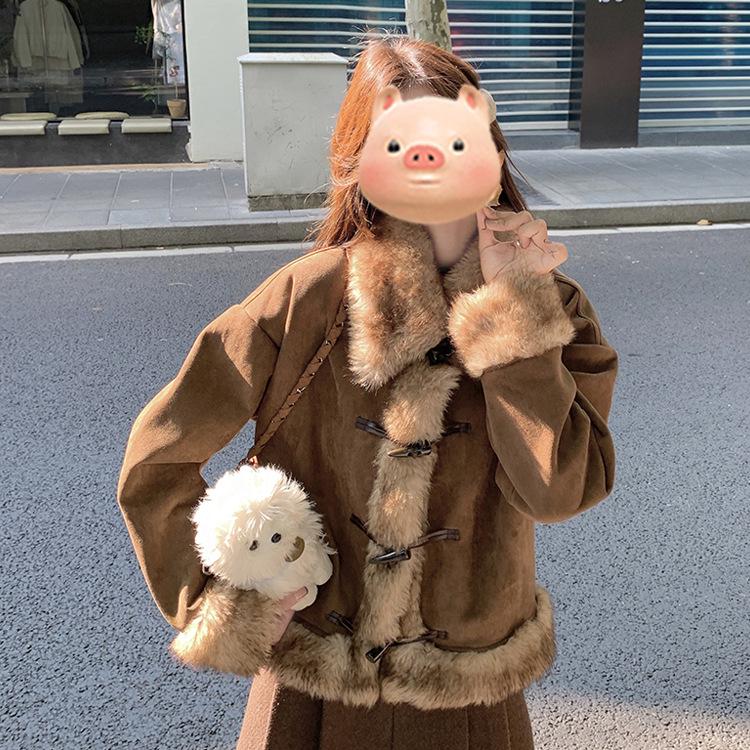 Women s Retro Fur Suede Jacket - 2025 Autumn/Winter Collection with Thickened Horn Buttons L