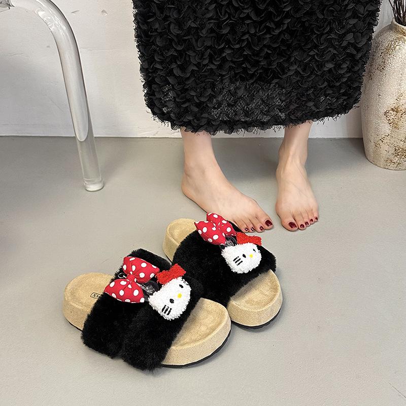 Cute cartoon KT cat thick bottom one-word drag female 2025 new autumn and winter outer wear non-slip warm lazy hairy drag
