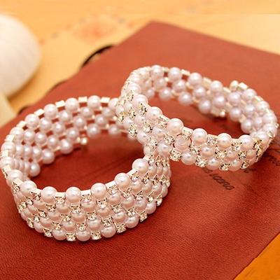 Rhinestone Chain Pendant Wide Charm Beaded Bangles Bracelets Multilayer Pearl