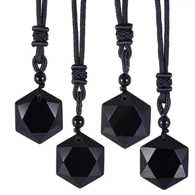 Obsidian Pendant, Pendulum, Energy Stone, Obsidian Hexagram Necklace, Men's and Women's Sweater Chain Accessories