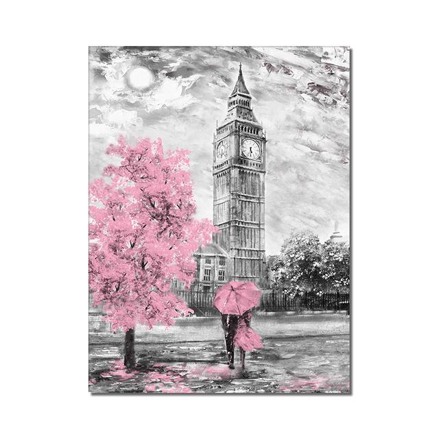 

Набор рамок из цельного дерева, холст, картина, розовые деревья, башня для влюбленных с зонтиком, современные уличные настенные художественные постеры и принты, домашний декор 15*20cm(with frame)
