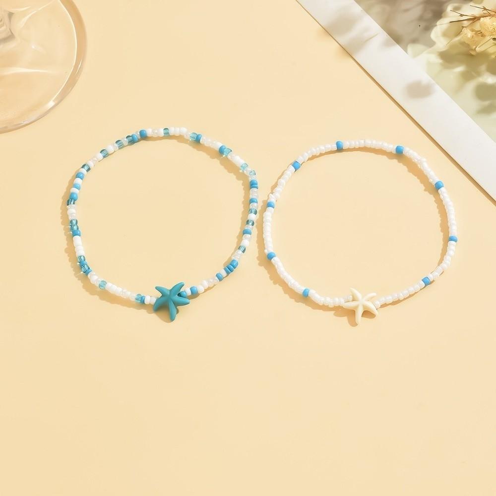 2Pcs Starfish Beaded Beaded Anklets Chain Set Bohemian Style Foot Bracelets  Jewelry Accessories