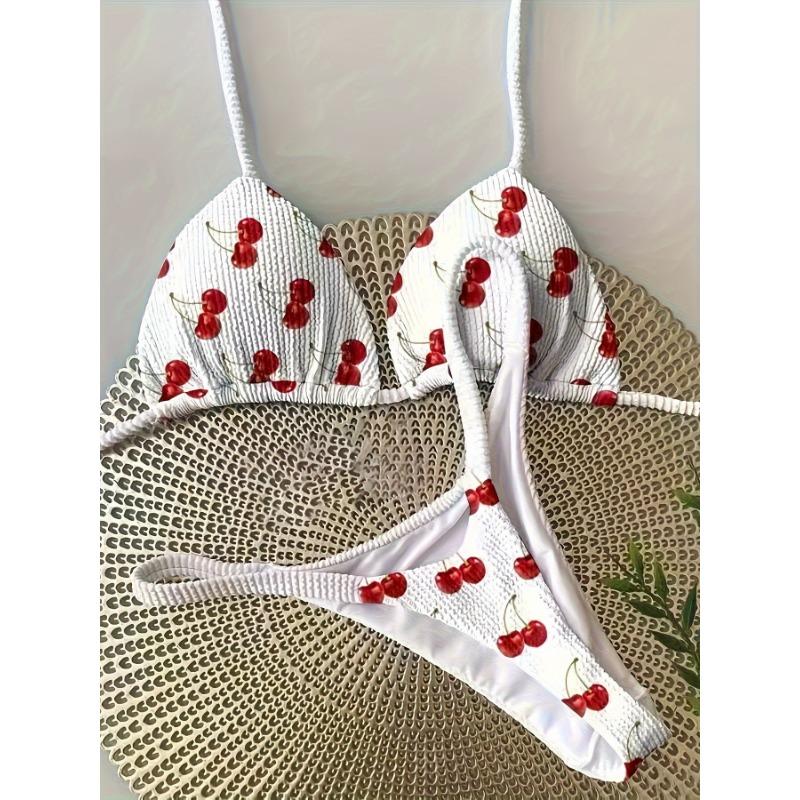 Women s Cherry Print Crinkle Triangle Halter & High Cut Two-Piece Bikini Swimsuit S