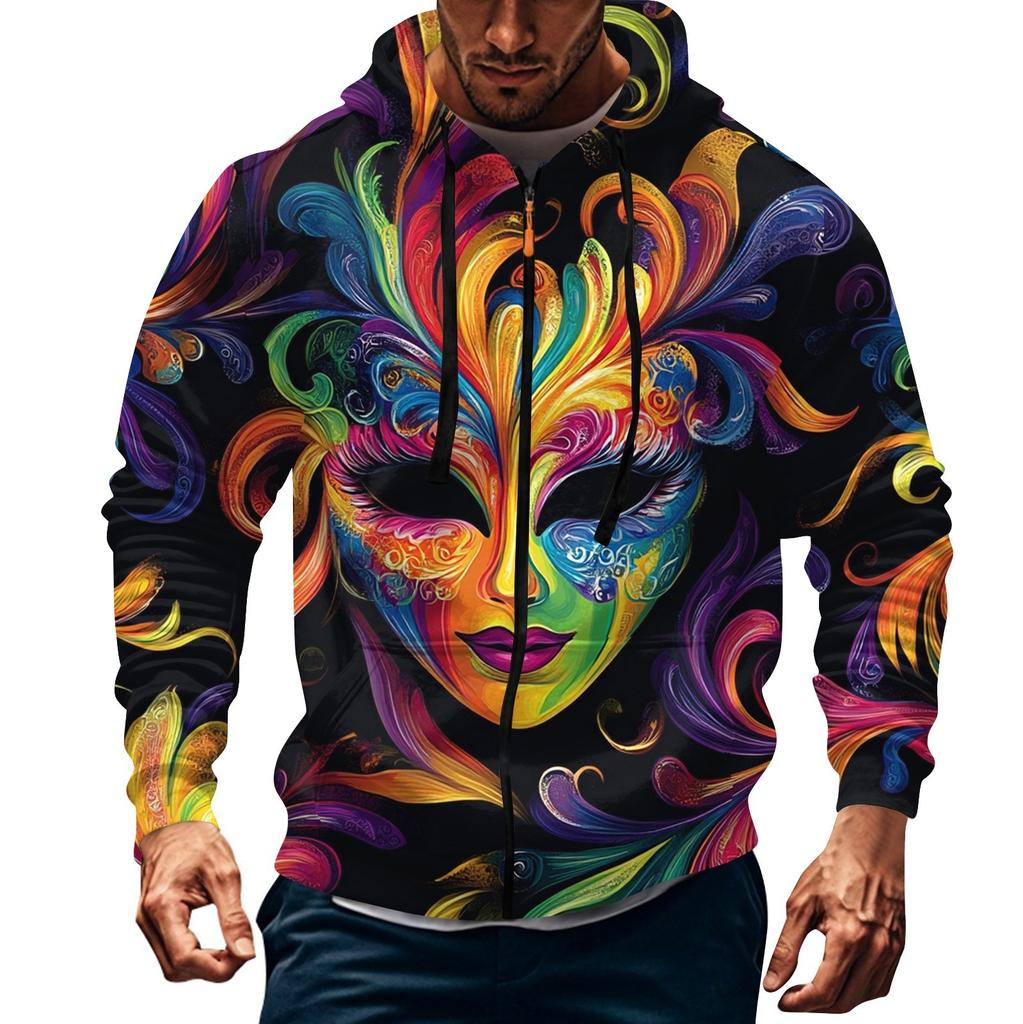 Men's Sports Casual Fleece Hoodie Carnival Print Hoodie Cardigan Zipper Multi-pocket Hoodie Coat