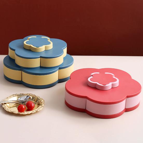 Multi-Layer Rotating Petal Snack Tray Divided Fruit Nut Holder with Lids Space-Saving Plastic Organizer for Home Kitchen Picnic