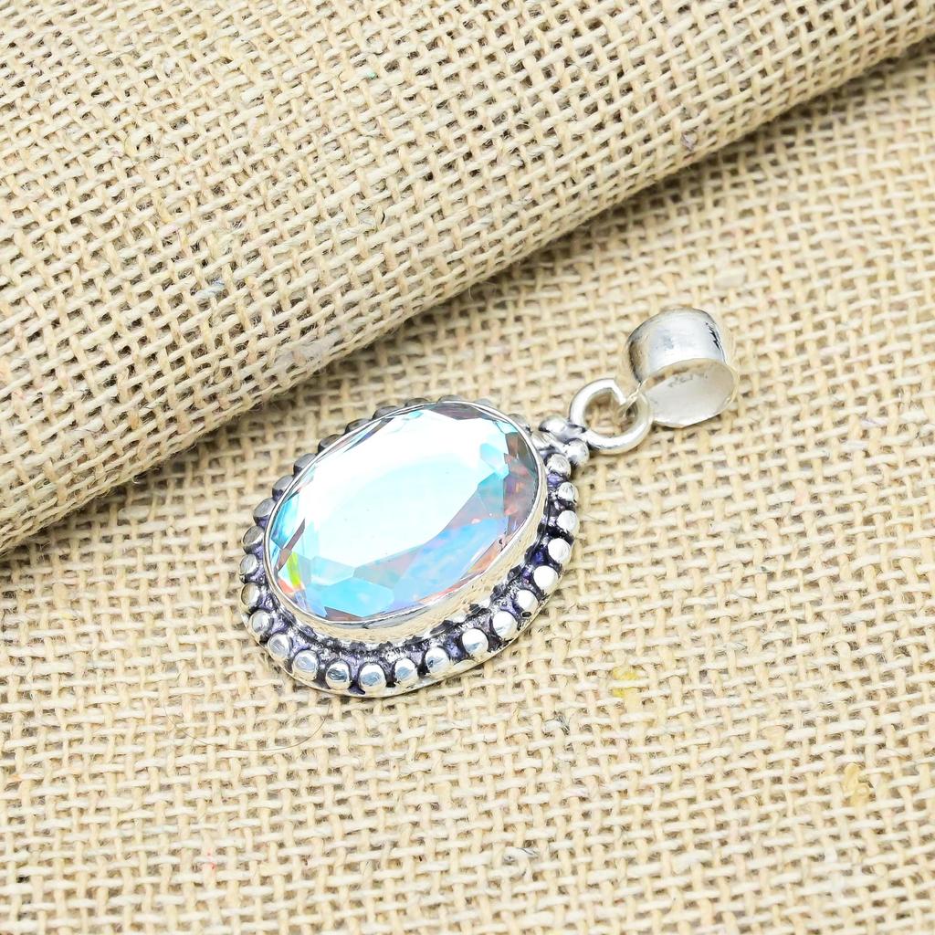 AAA+Mystic Topaz Gemstone Handmade 925 Sterling Silver Pendant Jewelry For Engagement Gift