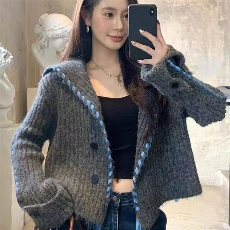 Women's Large Lapel Short Cardigan Jacket - 2026 Autumn/Winter Knit Drawstring Long-Sleeve Button-Up Sweater