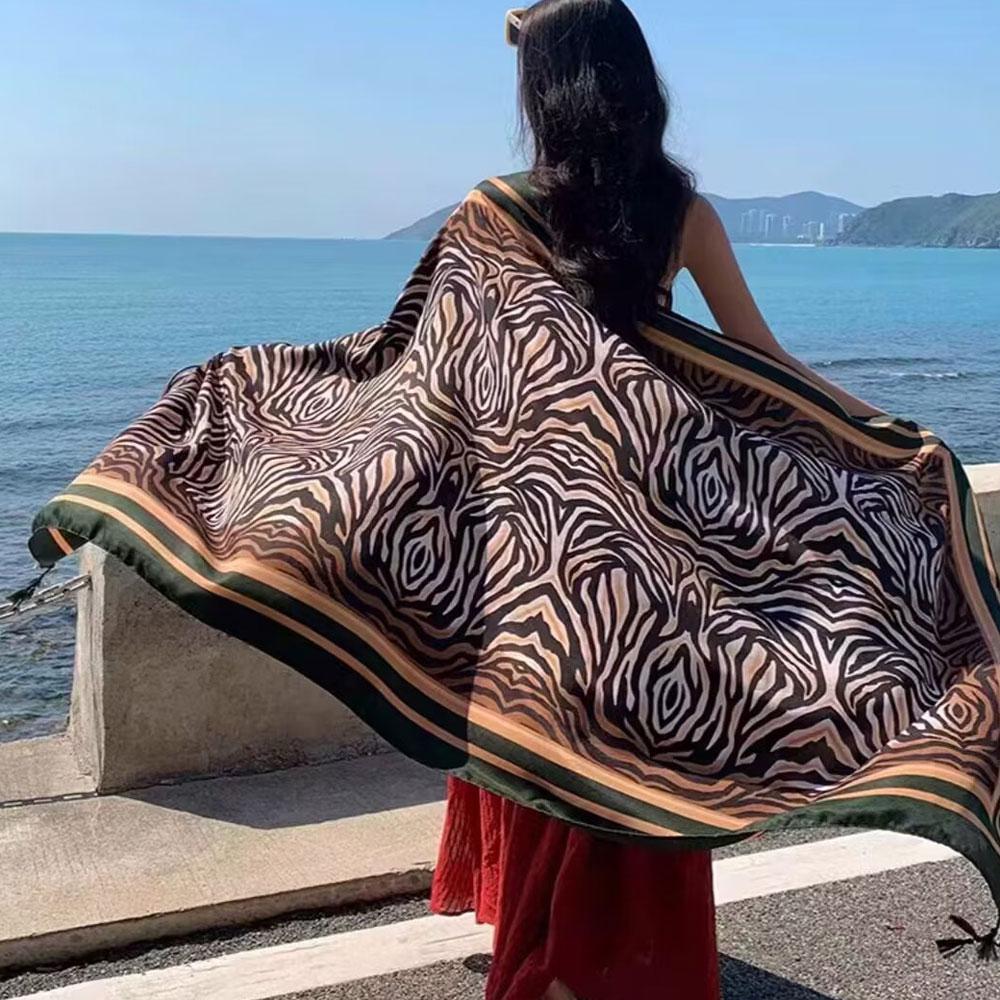 180Cm Leopard Print Flower Ethnic Style Scarf For Women'S Summer Sun Protection Silk Scarf, Paired With A Shawl Cape Beach Scarf