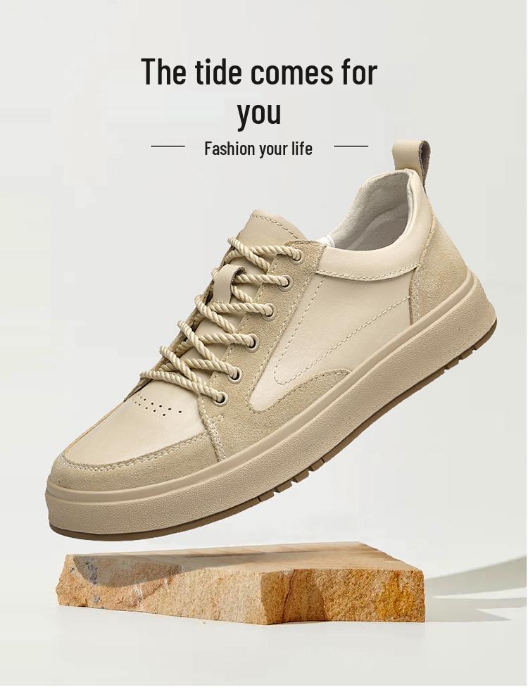 Men's Spring Low-Top Cowhide Sneakers - Fashionable, Large Size, Flat Bottom, White Sports Casual Shoes