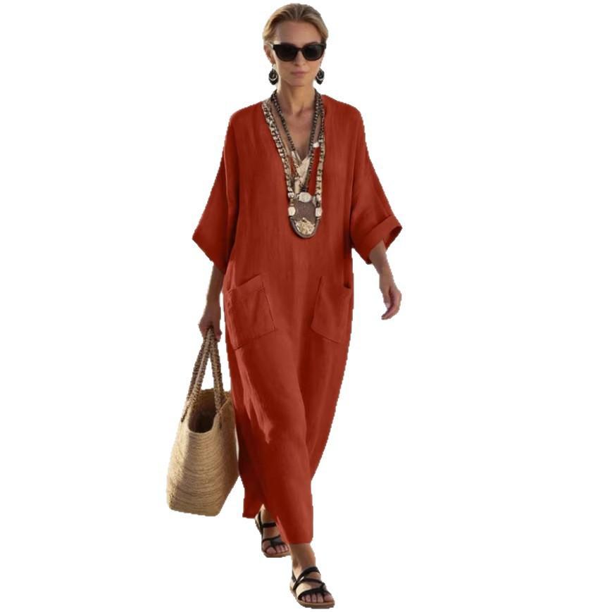 Summer Fashion Casual Hot Sale Solid Color Pocket V-neck Loose Imitation Linen Cotton Dress Women's Clothing