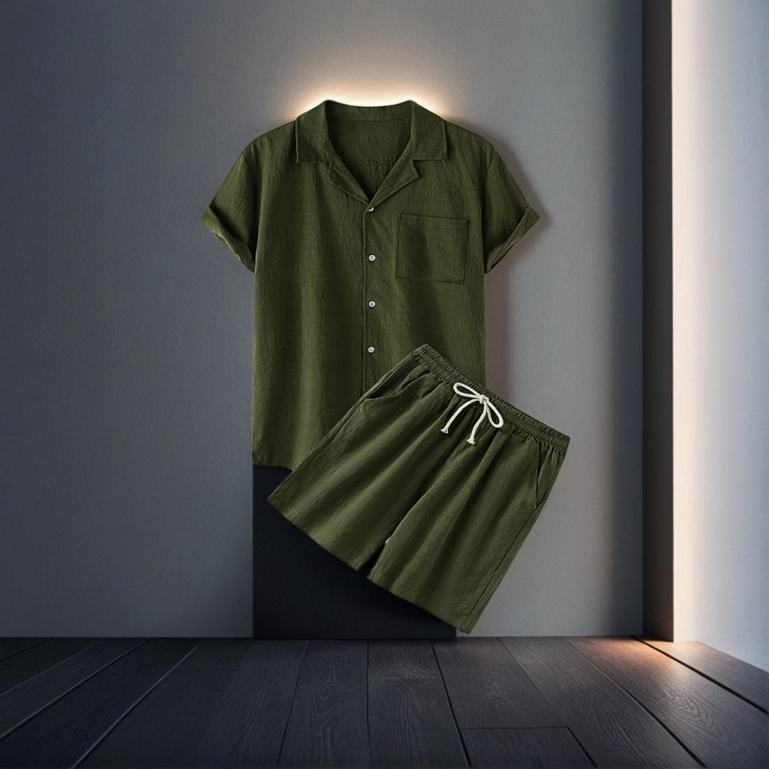 

Mens Cotton Solid Color Hawaiian Fashion Collar Short Sleeve Shirt Shorts Suit Two Piece Set L бежевий