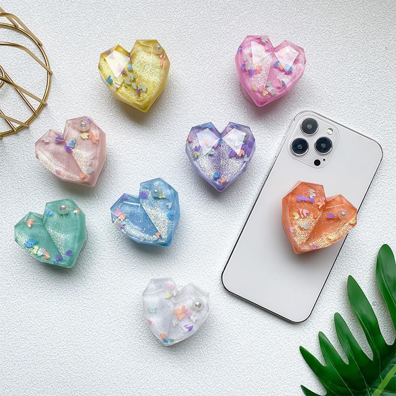 Three Dimensional Heart-shaped Mobile Phone Airbag Bracket With Drop Glue Pearl Glitter Expandable Back Sticker Desktop Stable Support Ring Buckle