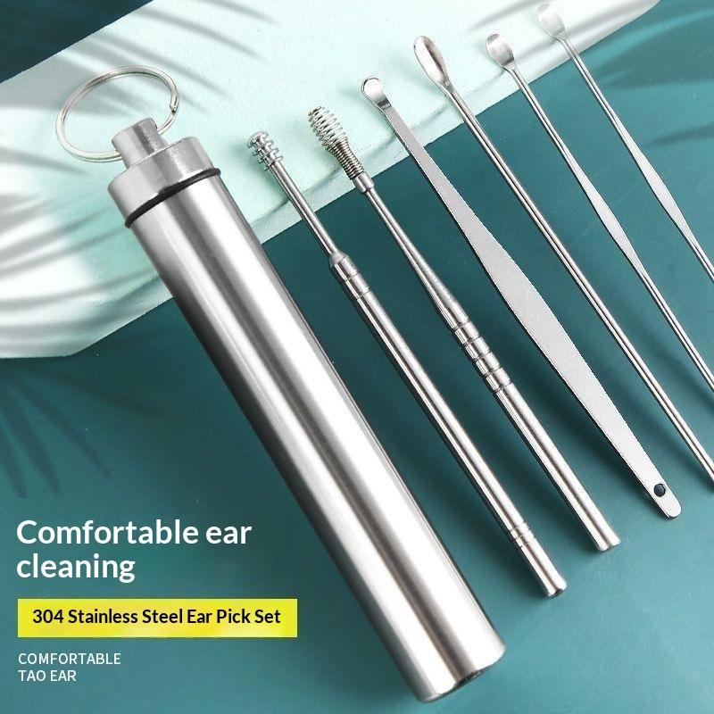 6Pcs Portable Ear Pick Set Stainless Steel Ear Wax Remover Tools with Non-slip Handle for Daily Ear Cleaning Use