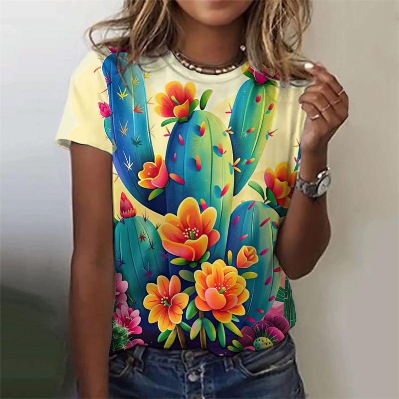 T-Shirt für Damen mit Blumen- und Kaktus-Muster, farbenfrohes Pflanzen-3D-Druck-T-Shirt, Sommermode, Street-T-Shirts, kurzärmelige Oberteile mit Rundhalsausschnitt
