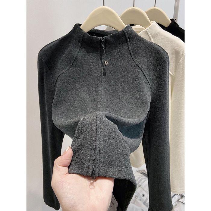 Women's Ribbed Plush Double Zipper Slim-Fit Hoodie: Half-High Collar Autumn/Winter Base Layer Cardigan.