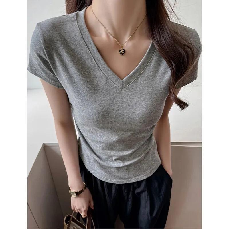 Black Right Shoulder Slim V-neck Short-sleeved T-shirt for Women Summer New Korean Style Pleated Slim Waist Short Top