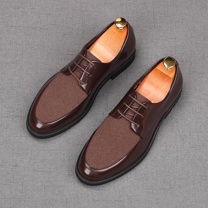 Fashion Luxury Men's Lace Up Suede Patent Leather Mixed Business Flats Shoes Male Designer Homecoming Wedding Dress Footwear