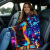 Neon city street racing car futuristic urban flannel blanket cyberpunk style soft throw blanket for car lovers and modern decor