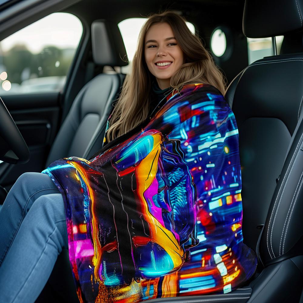 Neon city street racing car futuristic urban flannel blanket cyberpunk style soft throw blanket for car lovers and modern decor