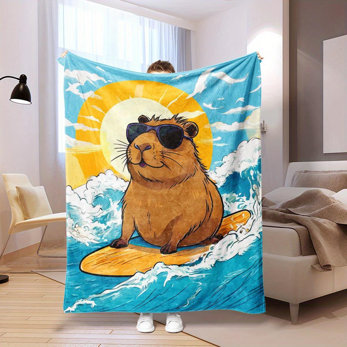 

Capybara Surfing Sunset Flannel Blanket AllSeason Machine Washable Bed Sofa Travel Gift for Men Women 75x100cm (30x40inch)