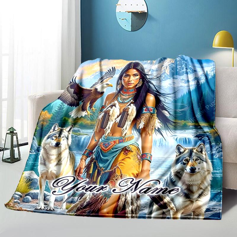 1PC Custom Name Native American Spirit Flannel Blanket Versatile,all-season Throw Suitable for the Living Room,bedroom,camping,travel,and Gift
