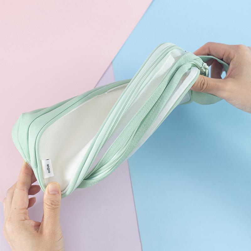 Transparent Large Mesh Pencil Case Double Layer Pencil Bag Handheld Portable Multifunctional Cosmetic Bag Stationery Storage