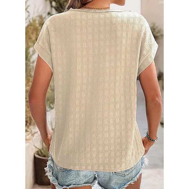 YYFS Moda damă ocazional vară primăvară culoare uni imprimeu cu mânecă scurtă cu decolteu O bluze și cămăși