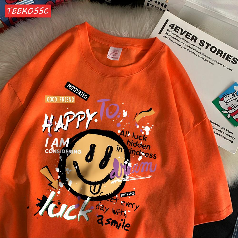 Summer Cotton Women TShirts Fun Graffiti Cute Smiling Face Prints Tees Breathable Loose ONeck Casual Street Female Clothes