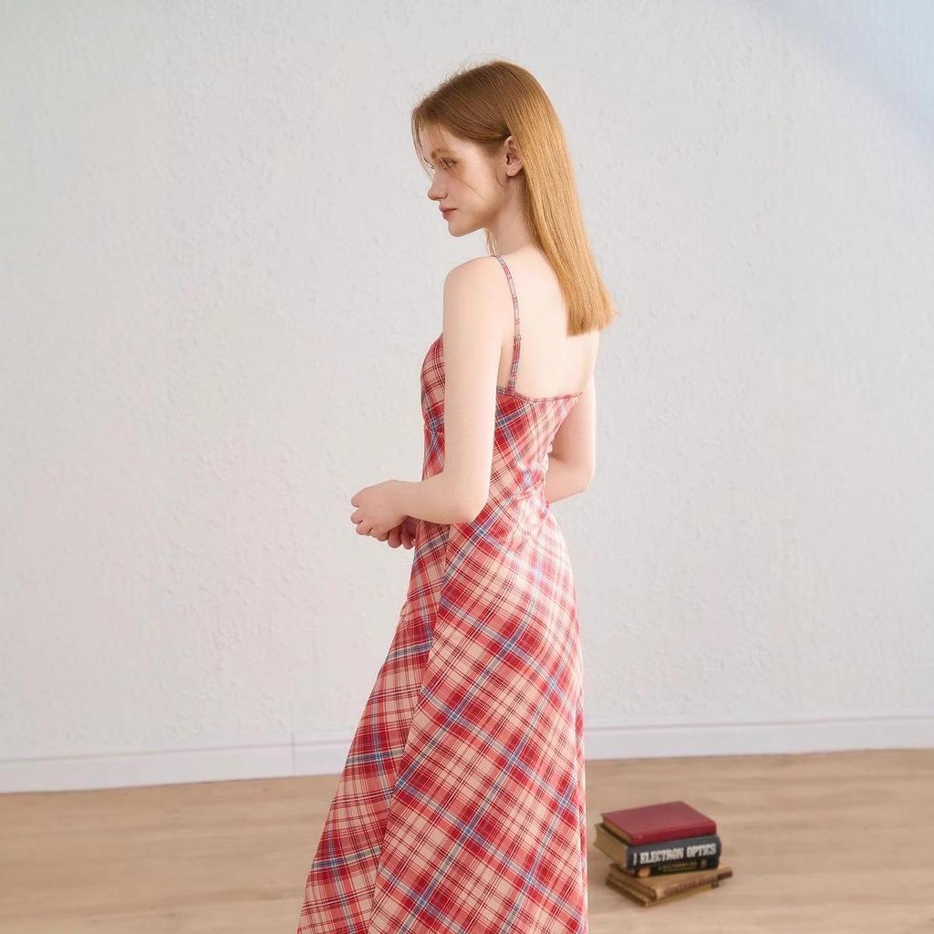 Women's Summer Plaid Mesh A-line Dress with Lace Trim and Spaghetti Straps