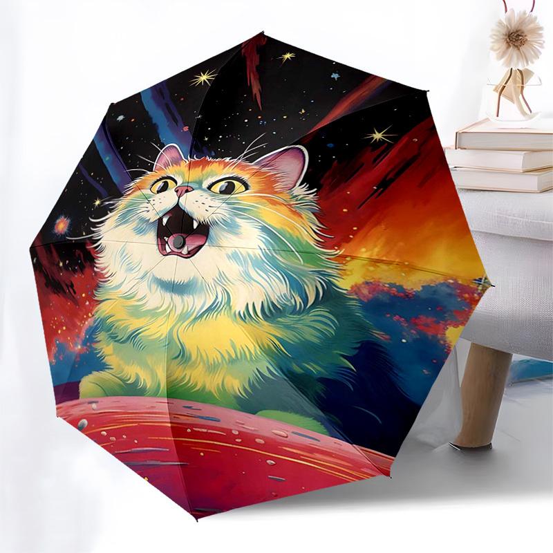 

1pc Colorful Cosmic Cat Automatic Opening/Closing Umbrella, Portable Tri-Fold Design with Iron Frame, Perfect for Outdoor Adventures & Festive Gifts!V