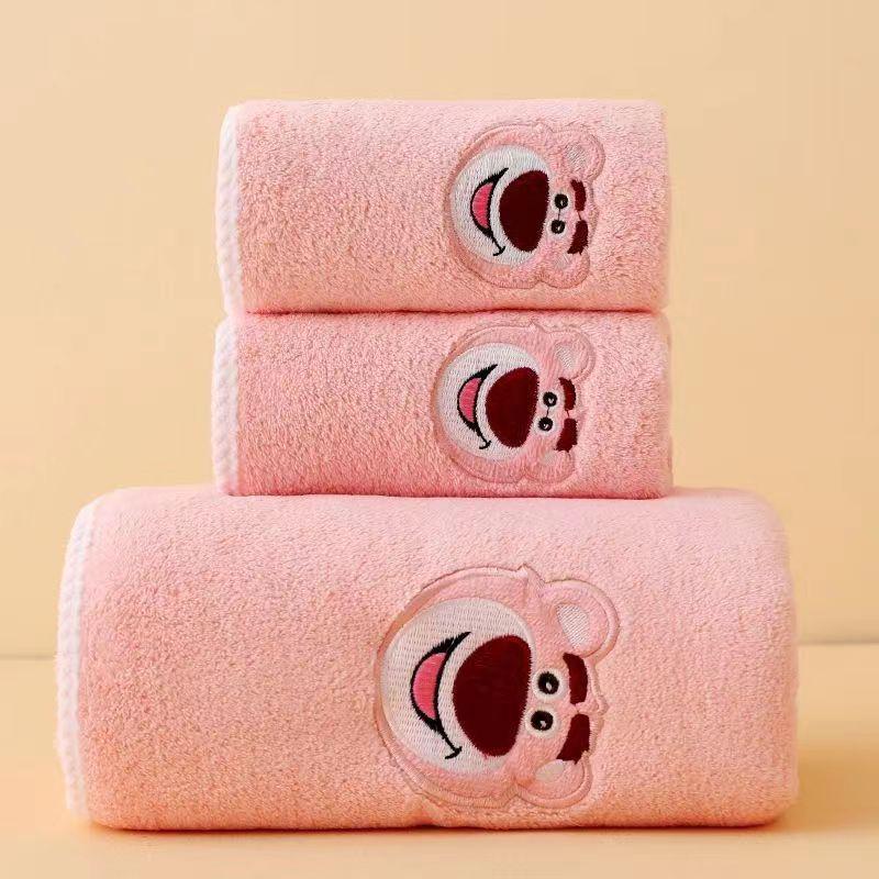 Strawberry Bear Cartoon Coral Fleece Bath Towel Set: Thick, Embroidered & Absorbent.