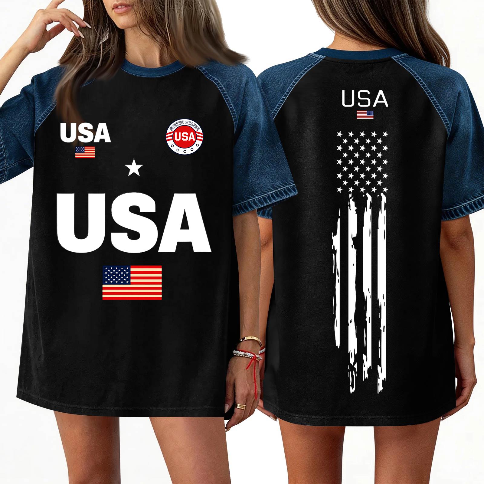 

Женский джинсовый пэчворк топ, повседневная удобная футболка с коротким рукавом, модная для весны и лета. L чёрный