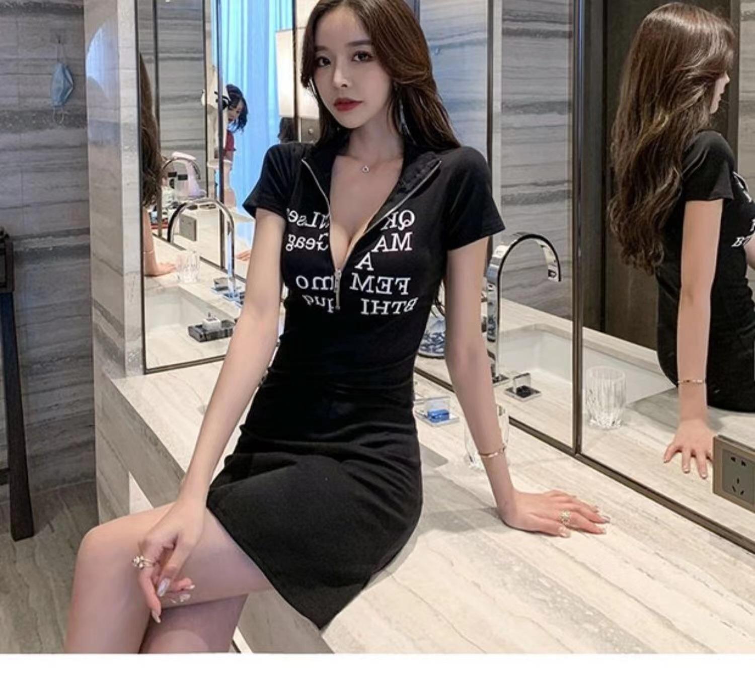 

Sexy low-cut zipper A-shaped skirt, Hepburn style short skirt, summer slim temperament POLO neck hip-wrapped dress for women XXL чорний