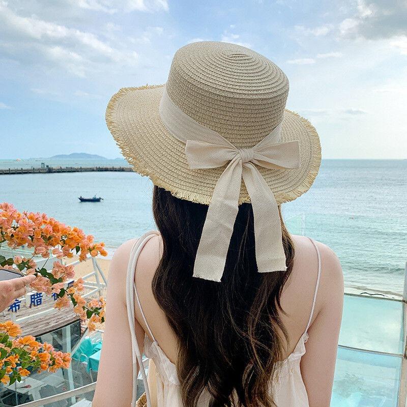 Straw Hat Seaside Hat Strapped Straw Hat Women's Travel Sunscreen Beach Sun Hat Lace Sun Hat