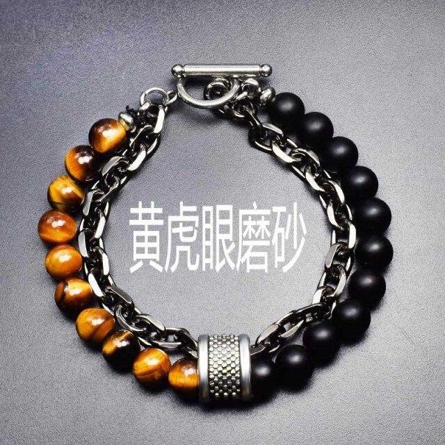 Latest Black White Stone Men 'S Bracelets Double Chain Link Stainless Steel Beaded Bracelets Bangle Male JewelryFashion Chain