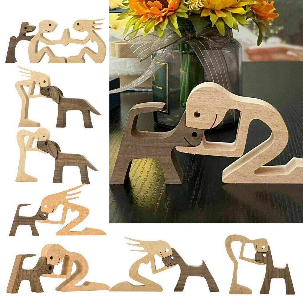 Hand Carved Wooden Unpainted Dog Human Carving Figurine Statue Unfinished Gift