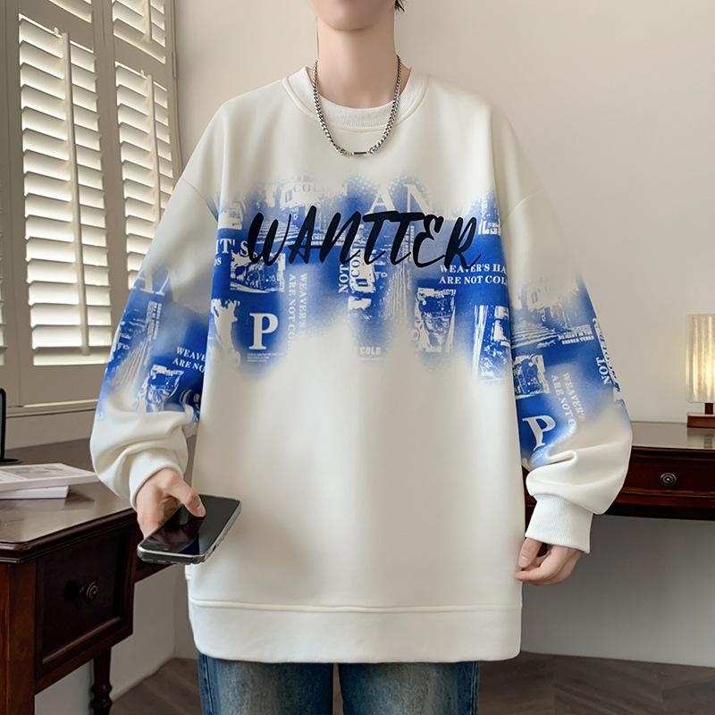 

2026 Spring Men s Hong Kong Style Loose Round Neck Hoodie for Middle School Students, 13-15 Years, Trendy Base Layer Top M вершковий/білий