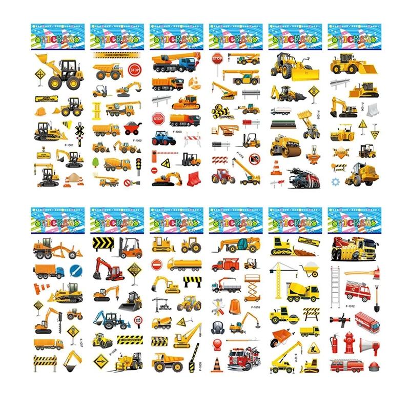 6/12 Sheet 3D Puffy Stickers for Kid Engineering Vehicle Excavator Stickers Cartoon Cars Stickers Toys for Children Gift for Boy