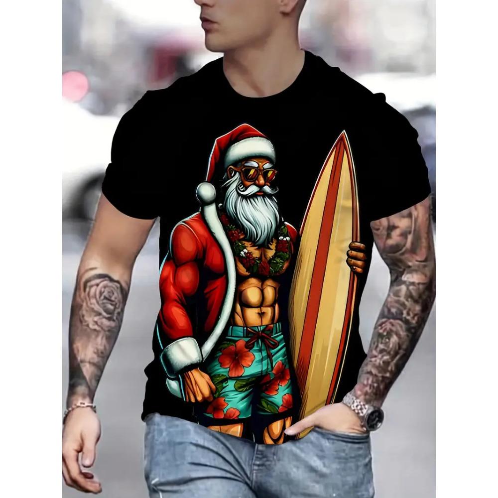 Men's Casual Short-Sleeve T-Shirt with Santa Print, Fashionable Crew Neck Top, Loose T-Shirt, New Year Gift