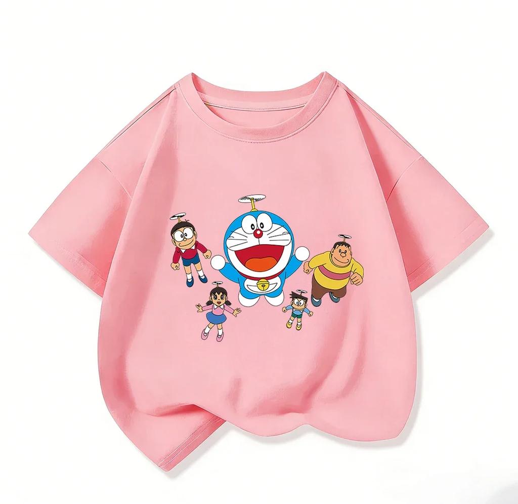 Fashion Children Crew Neck T Shirt Summer Kawaii Cartoon Print Cute Street Style Wear Doraemon Kids Clothes 314Y