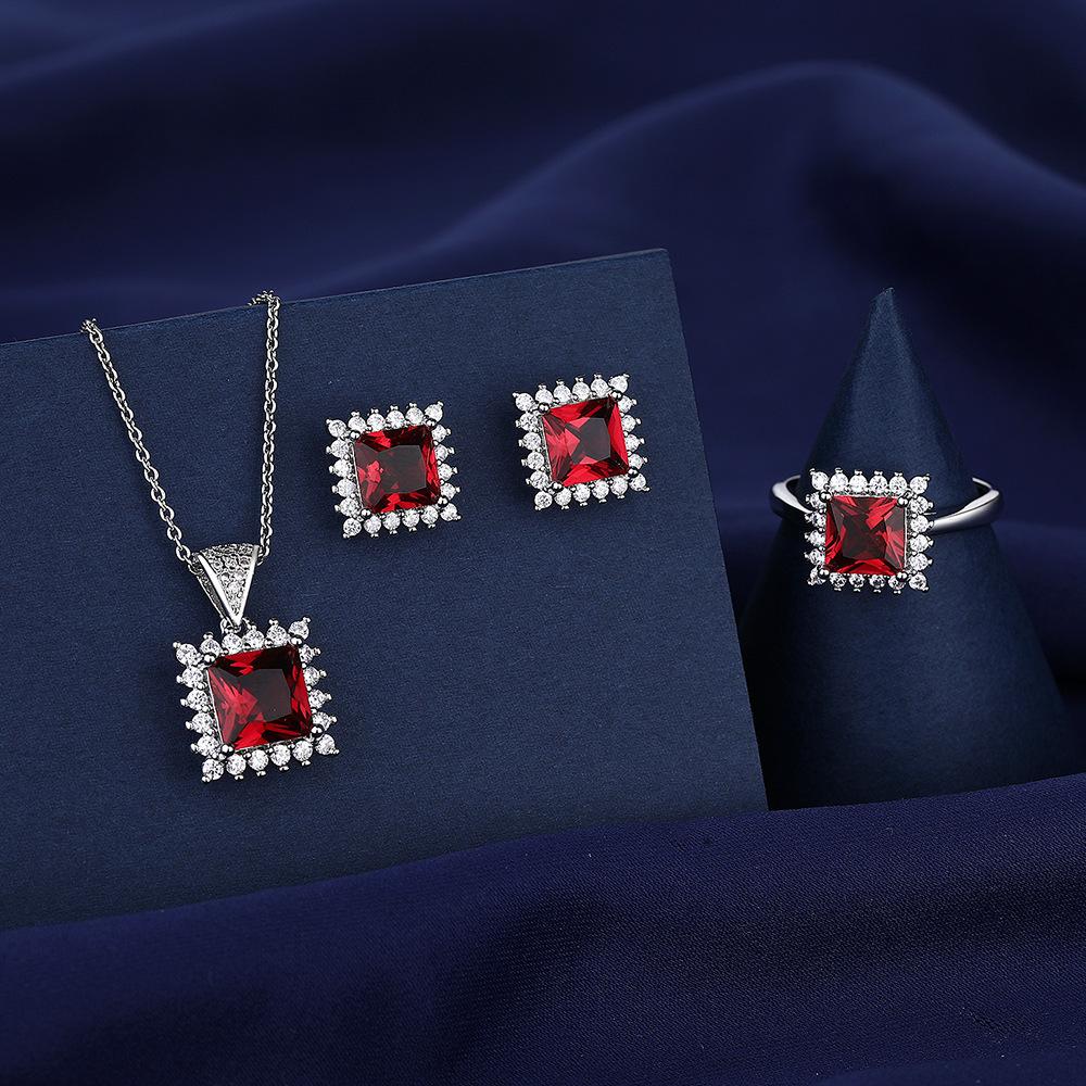 Square Ruby Three-piece Set Cross-border E-commerce Ring Necklace Earrings Ring Size:Adjustable
