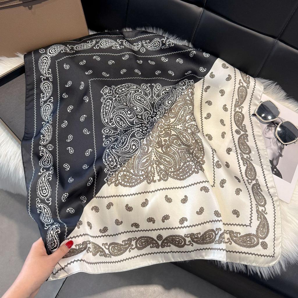 Wind Scarf Square Scarf Simulation Silk 70Cm Retro Cashew Print Literary Headband Suit With Decorative Scarf