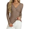 Women's Fashion Twisted V-Neck Slim T-Shirt Long Sleeve Pullover Solid Colour Top