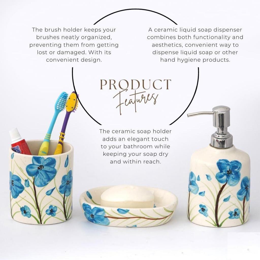 Premium Keramiskt Badrumstillbehörsset om 3 | Lyxigt Badrumsset med 300 ml Tvåldispenser, Tandborsthållare & Tvålkopp | Handmålade Dekorationsföremål