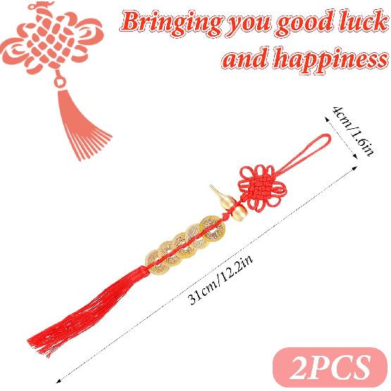 2PCS Feng Shui Good Luck Charms, Metal Gourd 5 Co Feng Shui Decor, Red Chinese Knot Tassel Good Luck Gifts, Five Emperor Co Blessing Gifts for Car