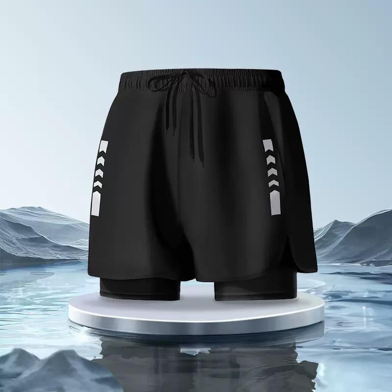 Mens Double-Layered Board Shorts Swim Trunks Quick-Dry Anti-Chafe Flat Front Beach Pool Surfing